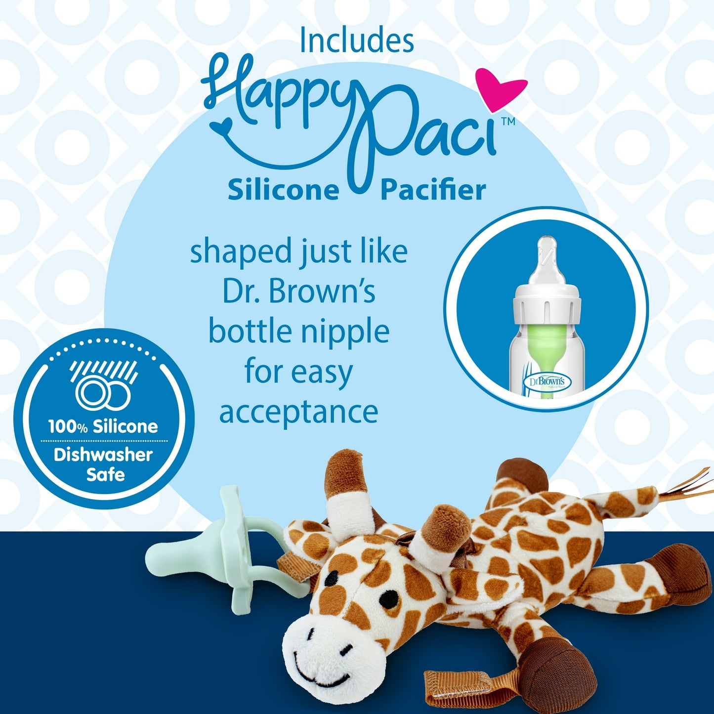 Dr. Brown's Baby Lovey Pacifier & Teether Holder, Giraffe with Green HappyPaci, 100% Silicone, 0-6m