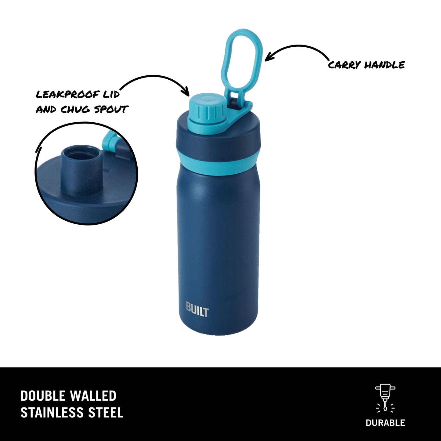 BUILT Cascade 16 oz Stainless Steel Kids Water Bottle with Leakproof Flip-Top Chug Lid, Dark Blue
