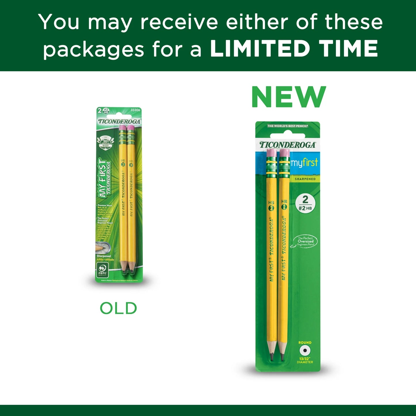 Ticonderoga My First Beginner Pencils, Sharpened #2 Lead, Yellow, 2 Count