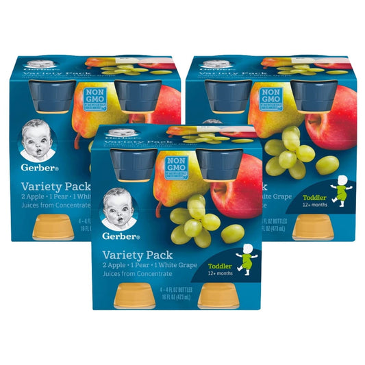 100% juice variety pack – three 16 oz bottles of fruit juice for babies and toddlers.
