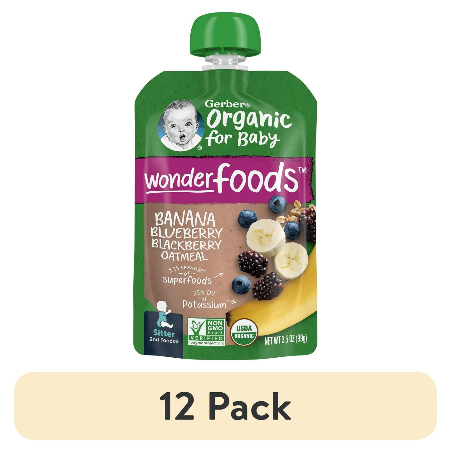 Gerber Stage 2 Baby Food, Organic Banana Blueberry Blackberry Oatmeal, Baby Puree