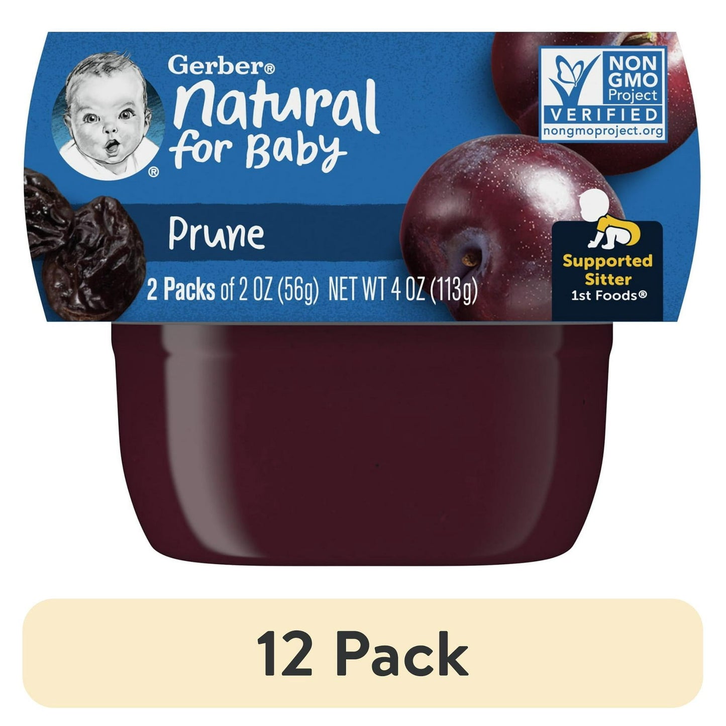 12 pack Natural for Baby prune puree packaging with a blue label and baby image.