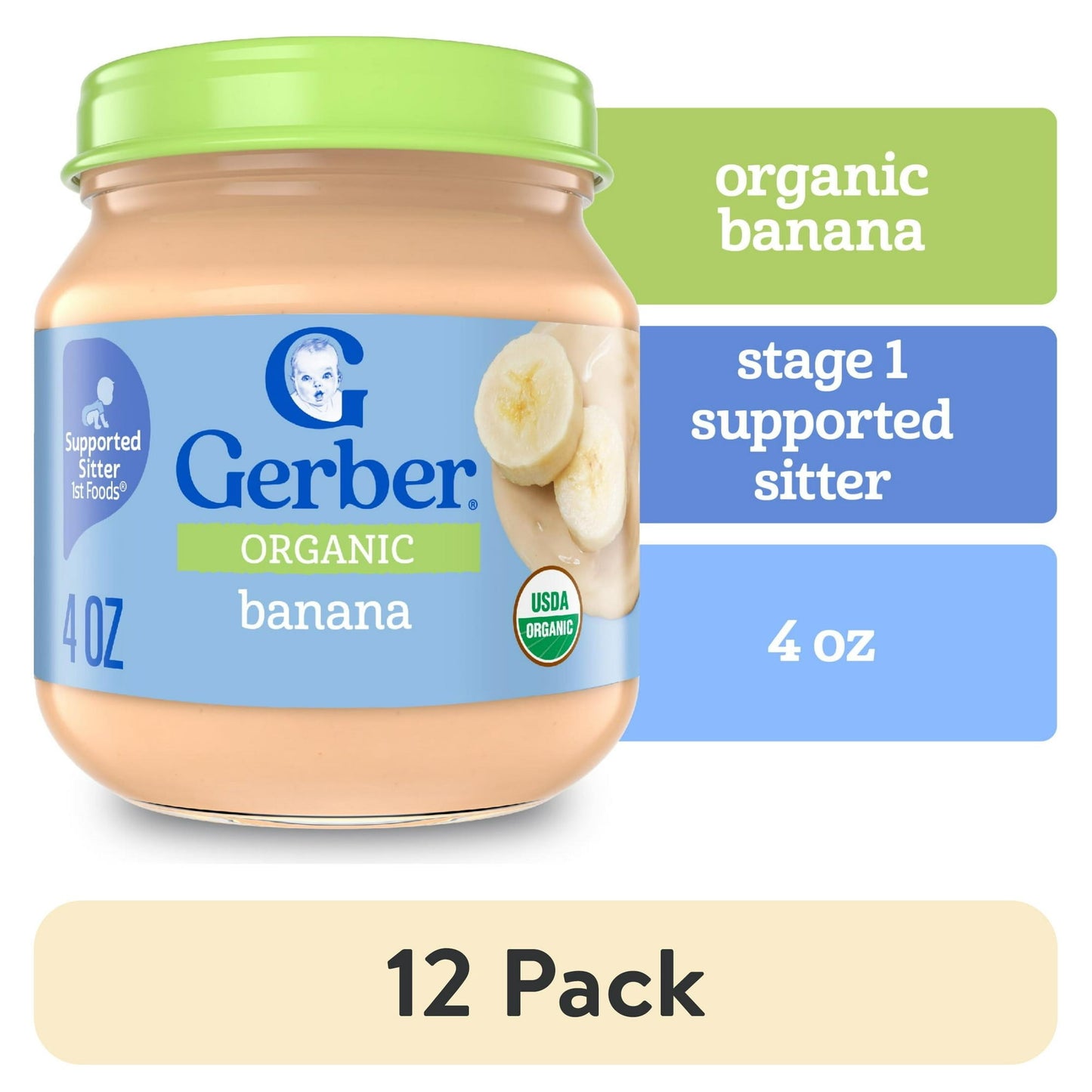 12 pack Organic banana puree baby food, 4 oz jar – smooth stage 1 fruit puree for infants starting solids.