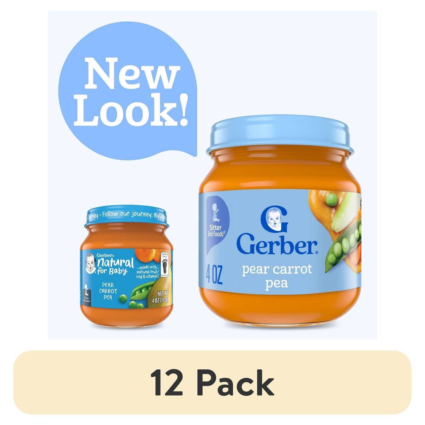 12 pack jars of baby food with a 'New Look!' label on a white background