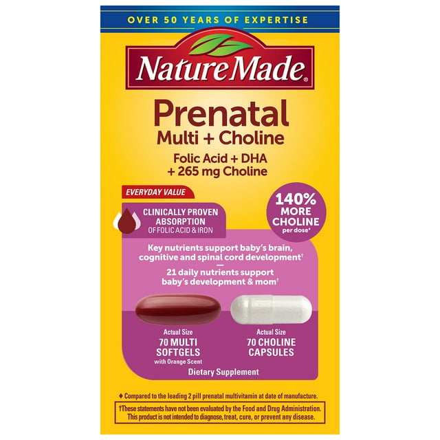 Nature Made Prenatal Vitamins Softgels + Choline Supplement Capsules, 70 Count