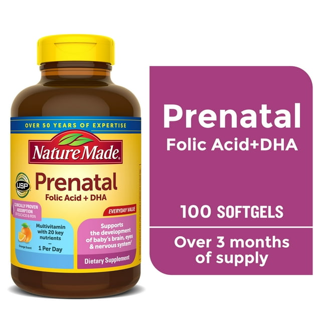 (2 pack) Nature Made Prenatal with Folic Acid + DHA Softgels, Prenatal Vitamin and Mineral Supplement, 100 Count