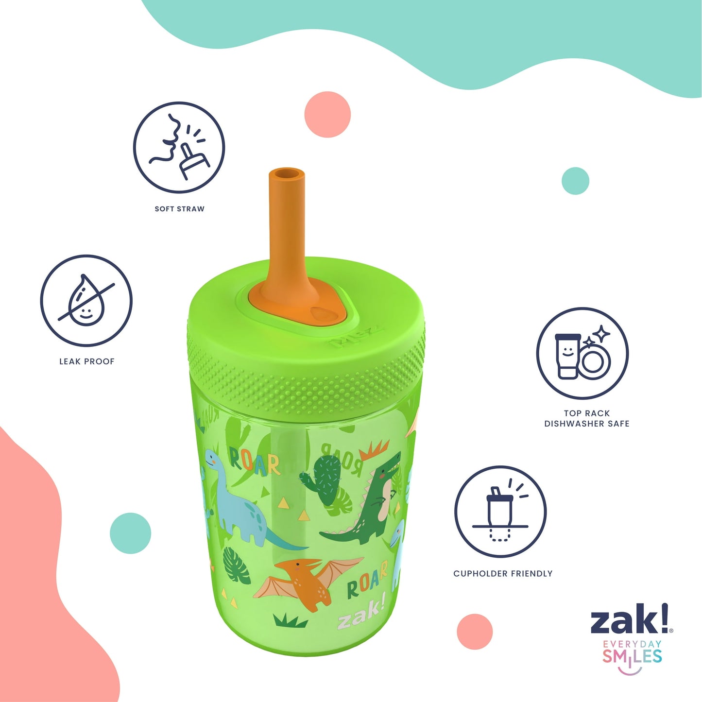 Zak Designs Tumbler, Soft Straw Tumbler for Toddlers, 12oz, Leak-Proof, Easy to Hold, Sunshine and Rainbows