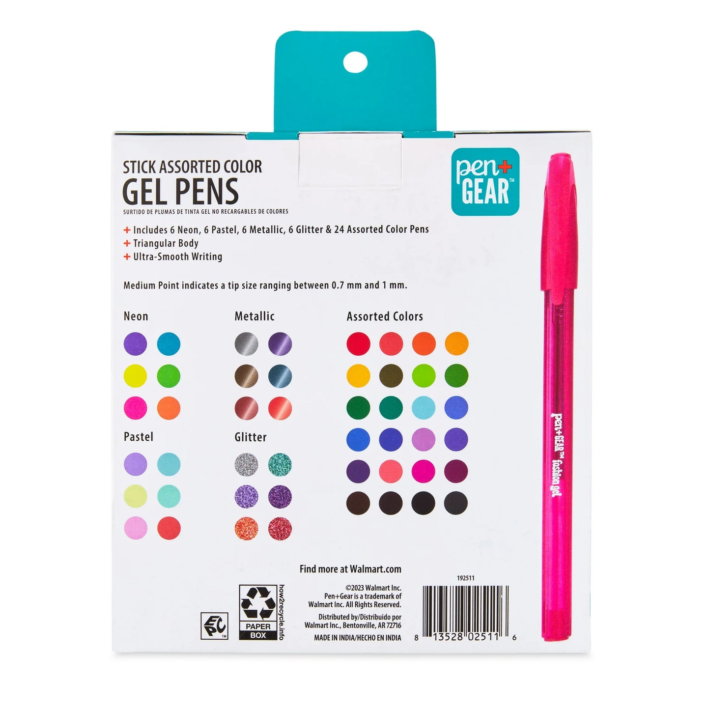 Pen+Gear Gel Stick Pens, Medium Point, 0.7 mm, Assorted Colors, 48 Count