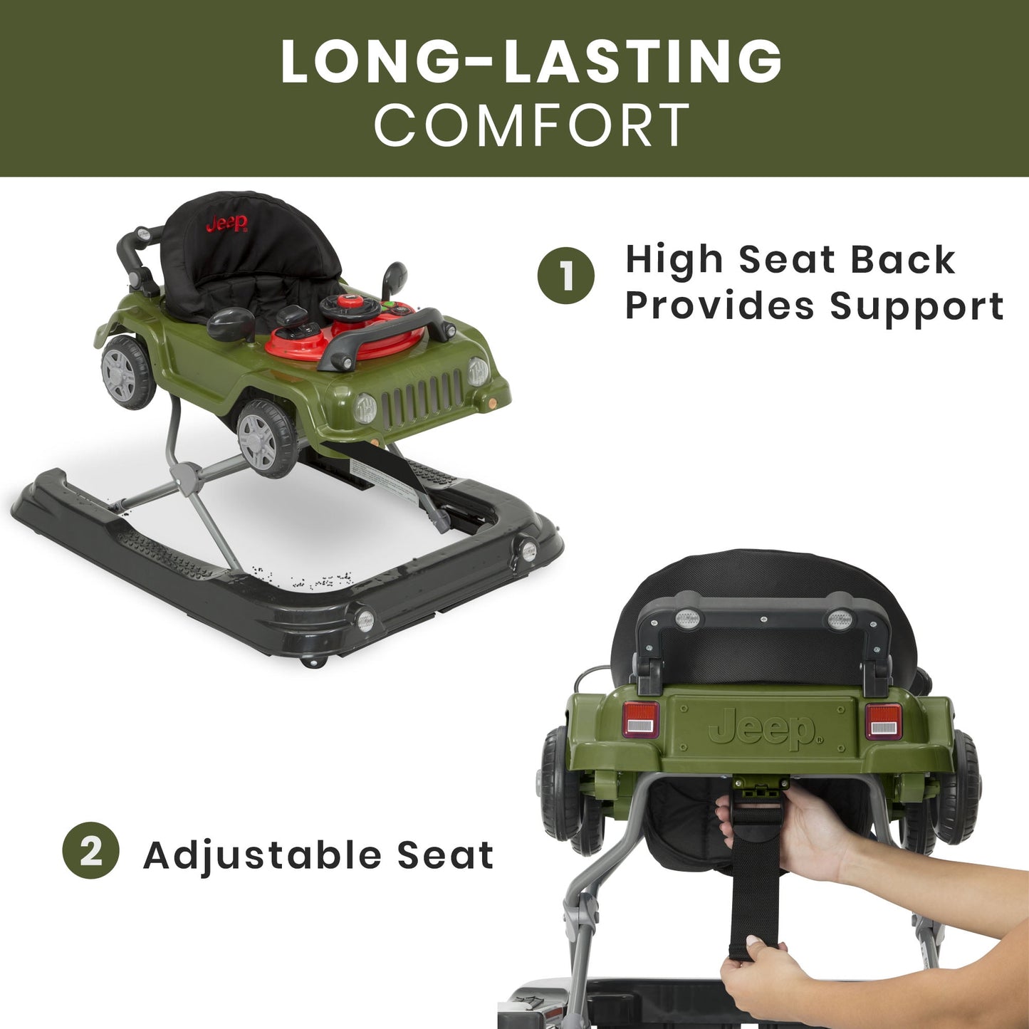 Image dsplaying a baby and a baby activity walker with text below