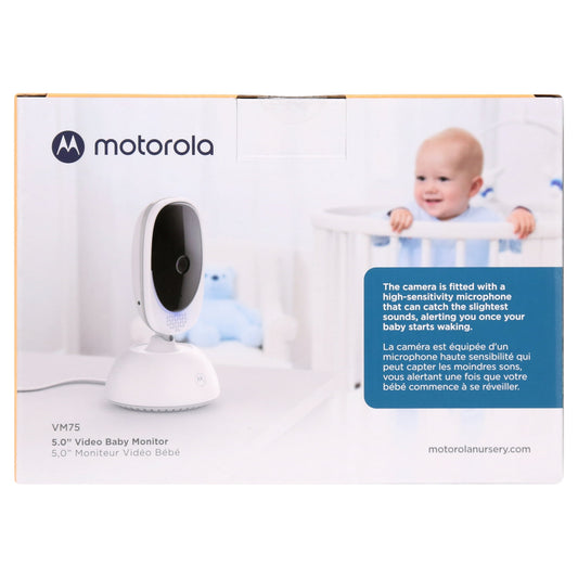 A video baby monitor and its packaging, featuring a baby in a crib on the box