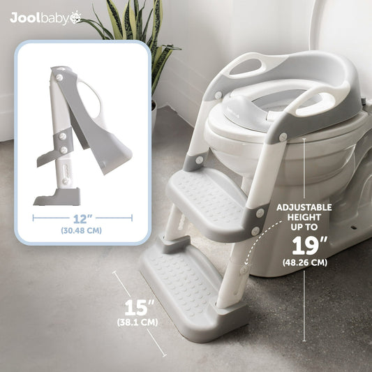 A gray and white potty training seat with an adjustable step ladder shown on a toilet and folded