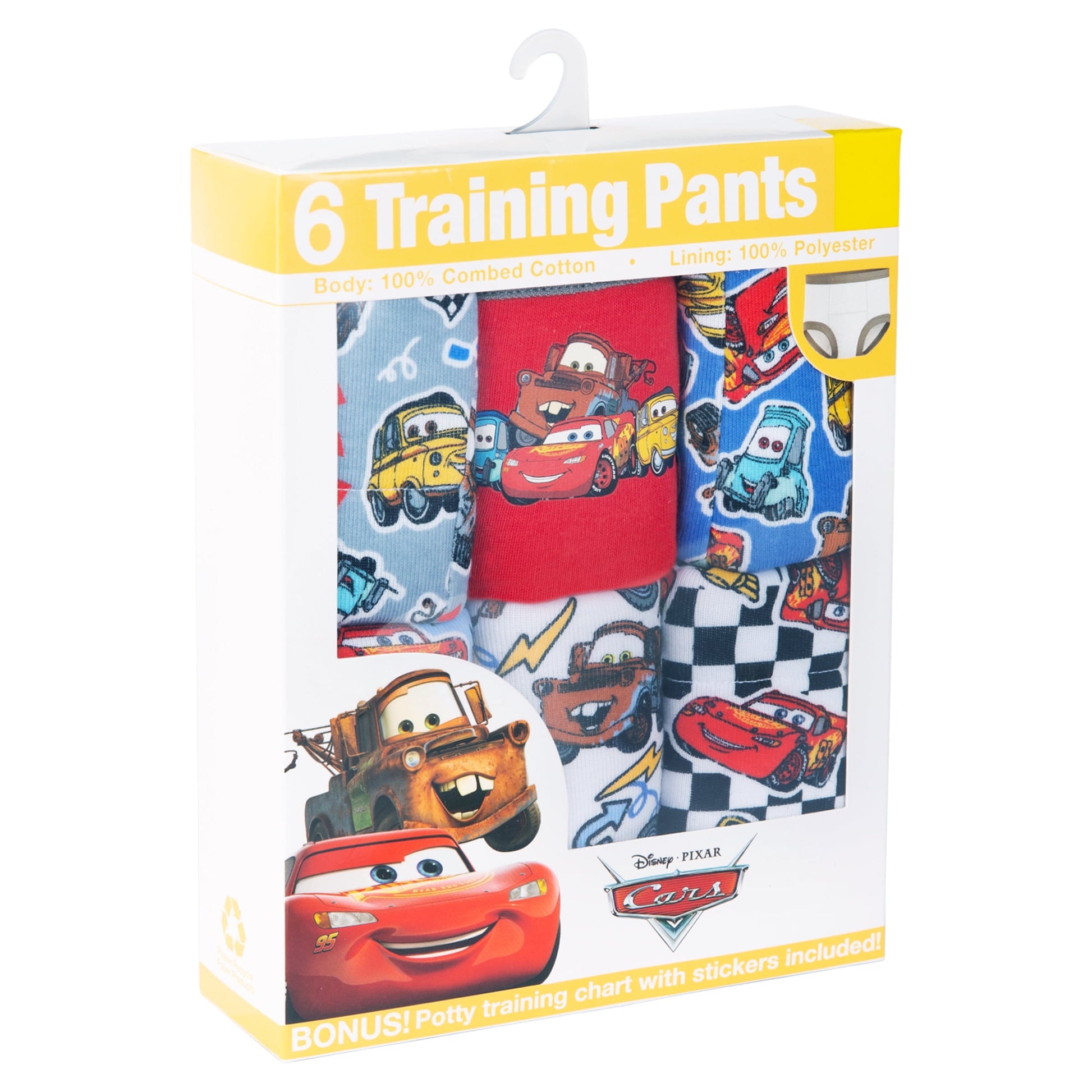 A box containing six pairs of children's training pants with car illustrations, with white background