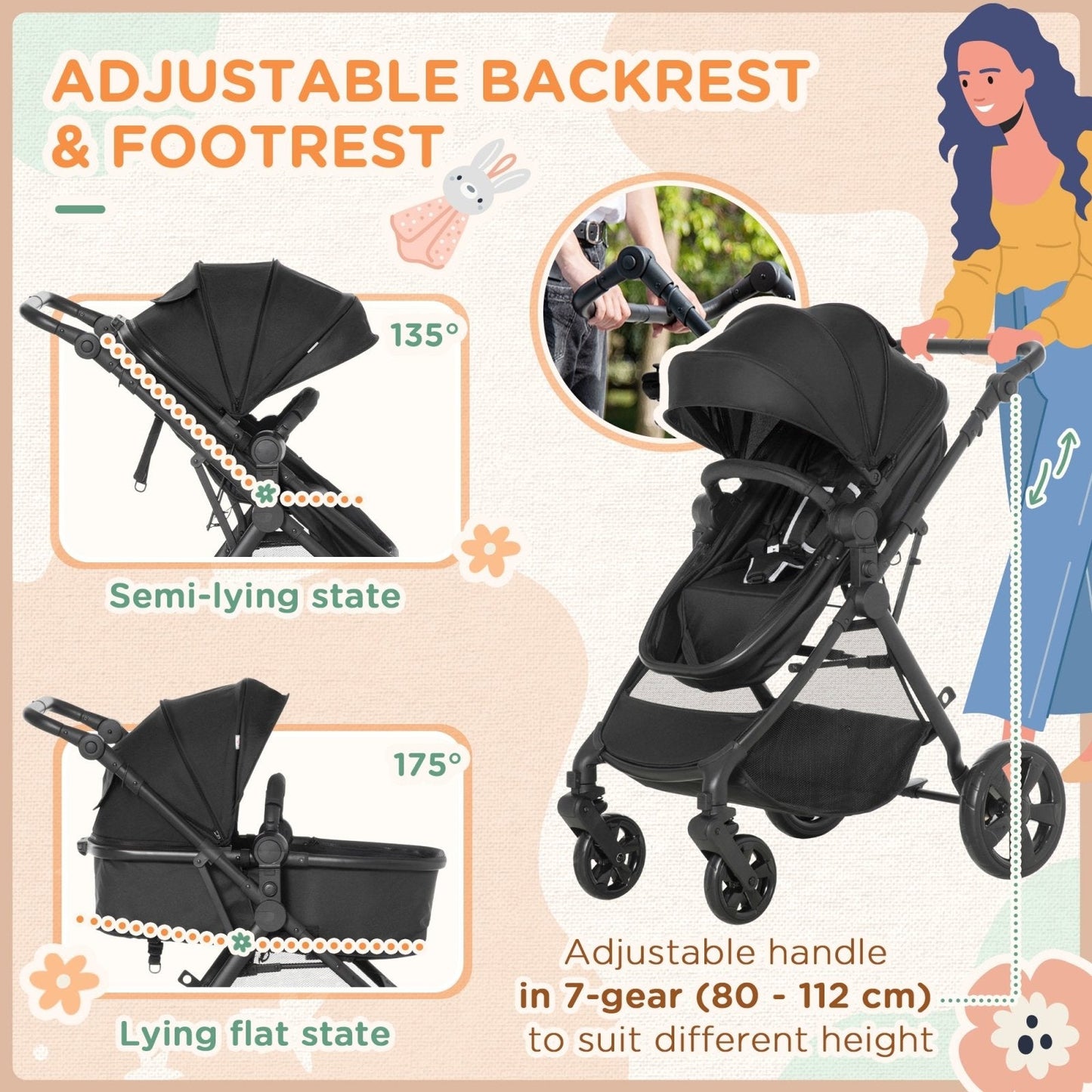 2 in 1 Lightweight Pushchair w/ Reversible Seat, Foldable Travel Baby Stroller w/ Fully Reclining From Birth to 3 Years, 5-point Harness Black-4