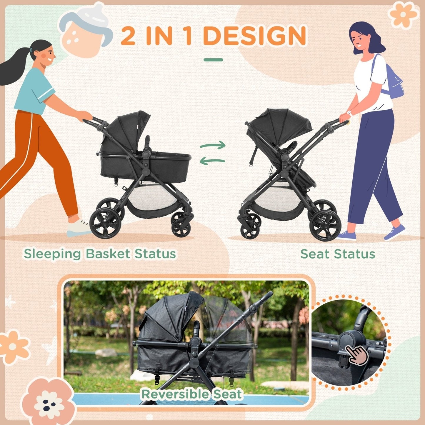 2 in 1 Lightweight Pushchair w/ Reversible Seat, Foldable Travel Baby Stroller w/ Fully Reclining From Birth to 3 Years, 5-point Harness Black-3