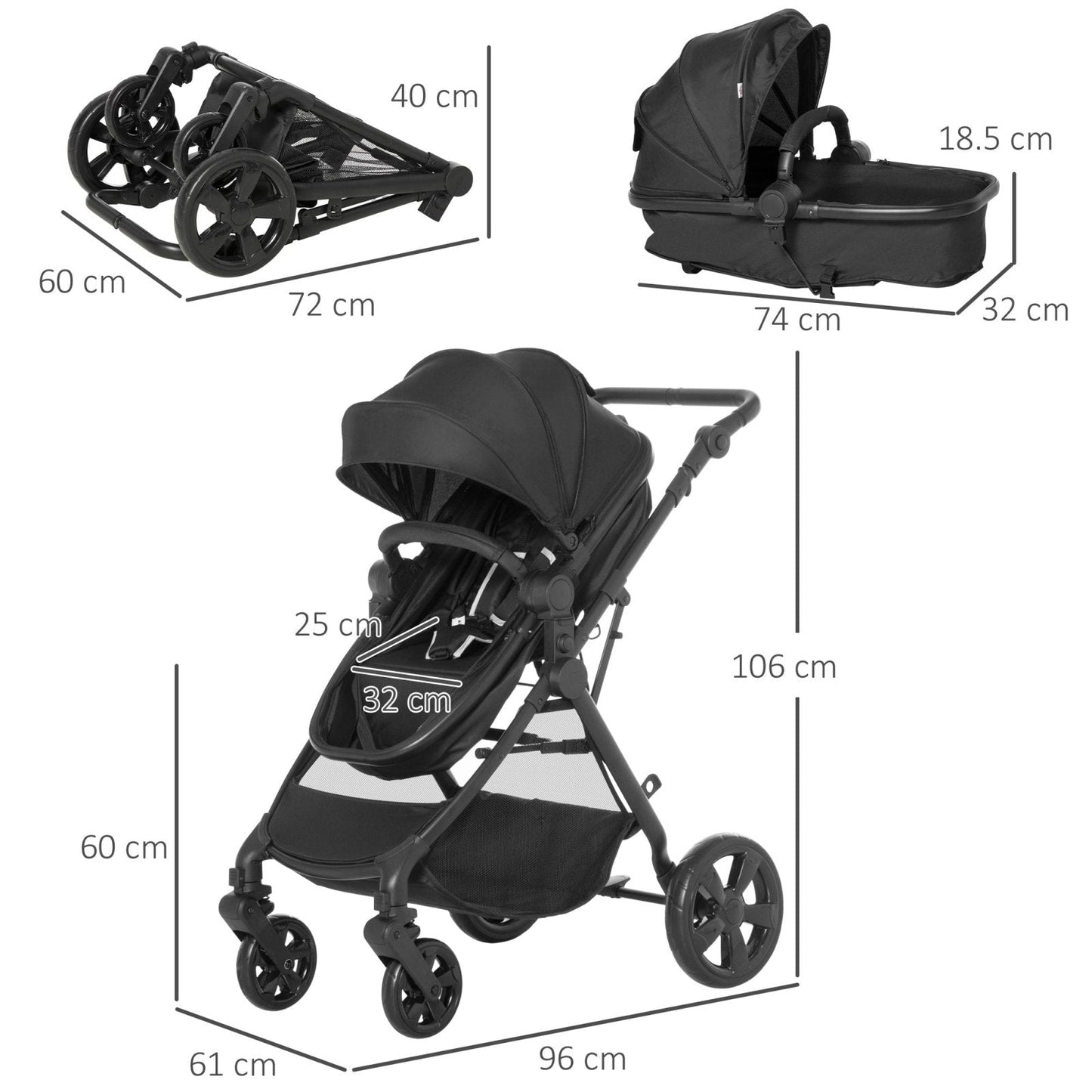 2 in 1 Lightweight Pushchair w/ Reversible Seat, Foldable Travel Baby Stroller w/ Fully Reclining From Birth to 3 Years, 5-point Harness Black-2