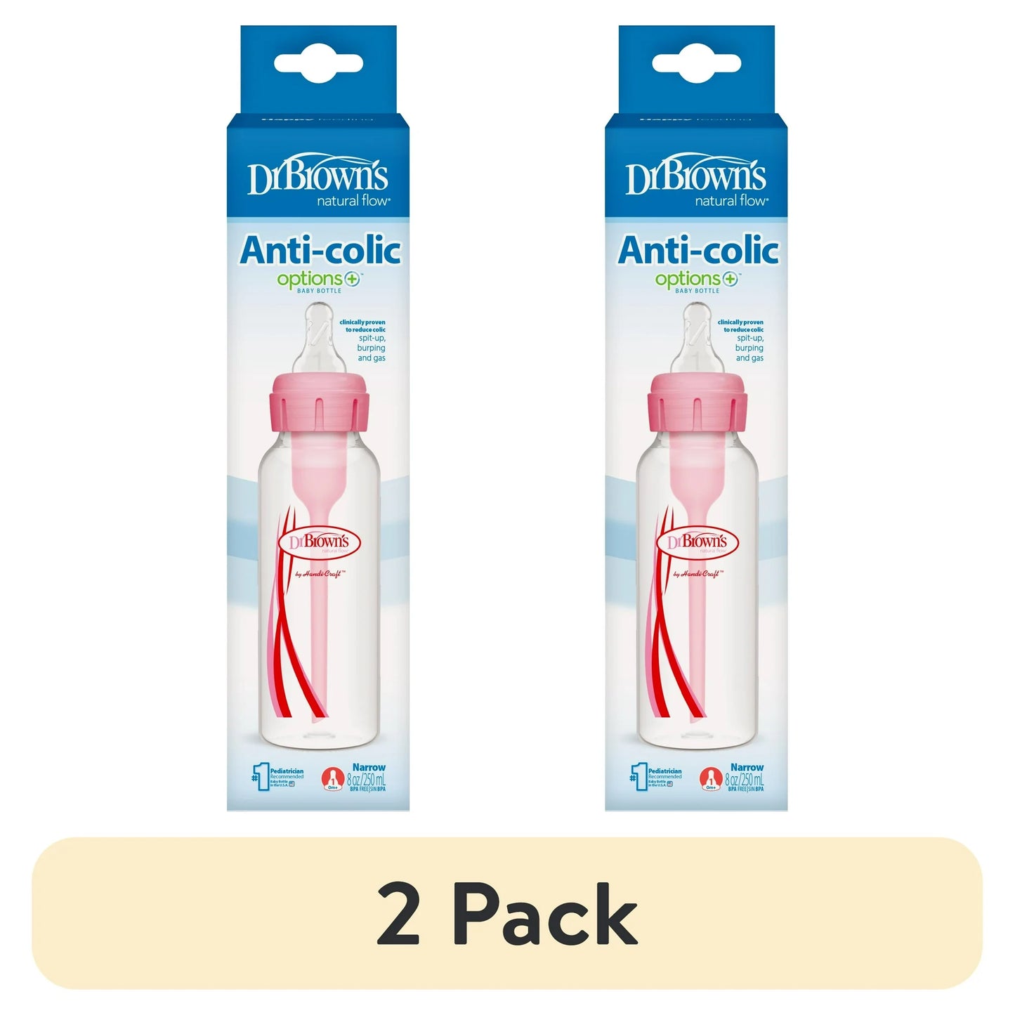 (2 pack) Dr. Brown's Natural Flow Anti-Colic Options+ Narrow Baby Bottle, Pink, 8oz, Slow Flow, 0m+, 1 Pack