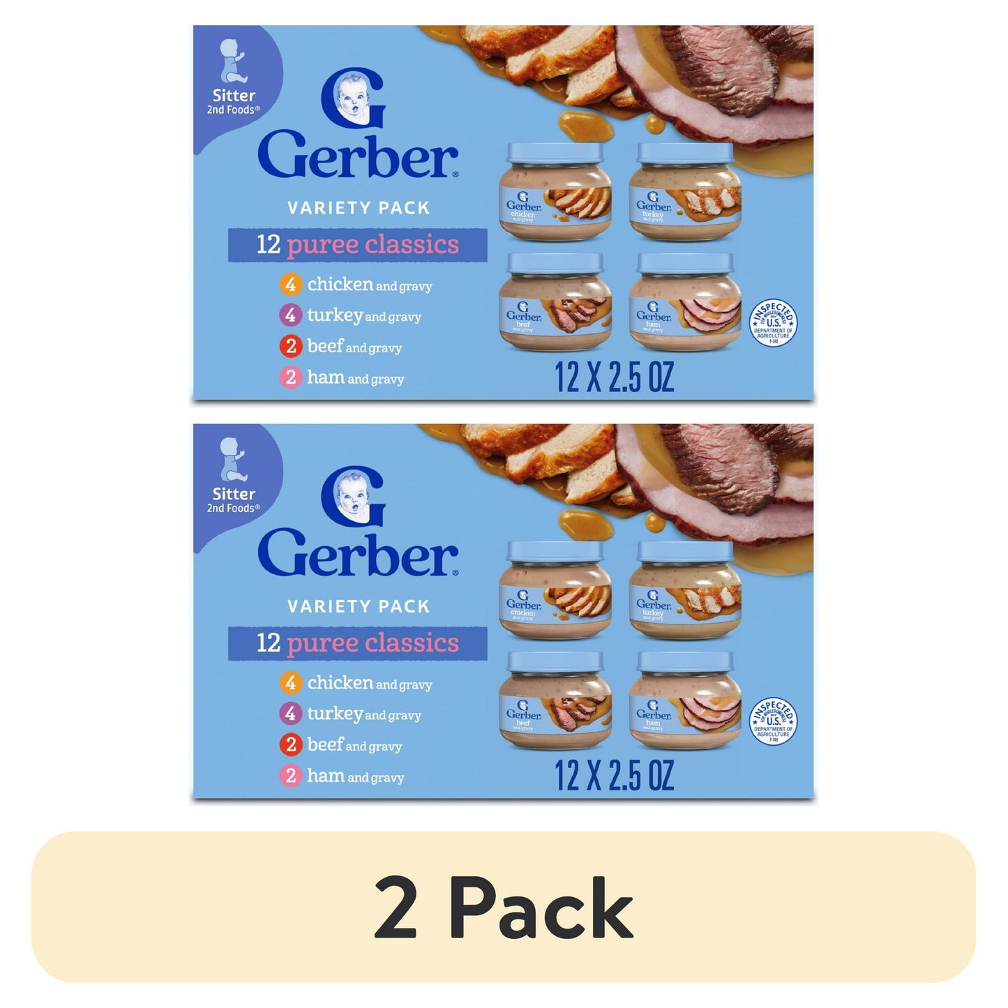 Gerber 2nd Foods Puree Favorites, Beef, Turkey, Ham and Chicken Baby Food Variety Pack, 2.5 oz Jars (12 Pack)