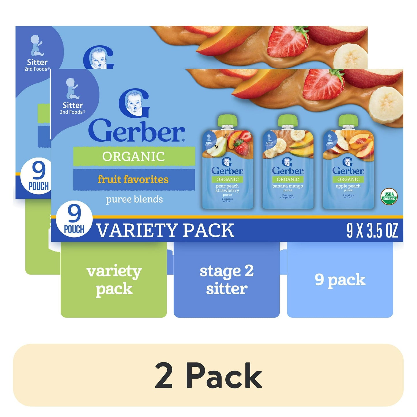 Gerber Stage 2 Baby Food, Organic Fruit and Veggie Puree Smoothie Variety Pack, 3.5 oz Pouches (9 Pack)