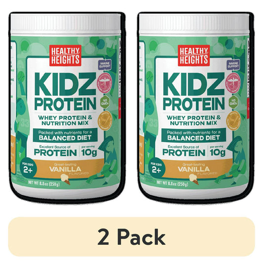 Canisters of protein shake mix powder for kids, primarily green and white, on a plain background