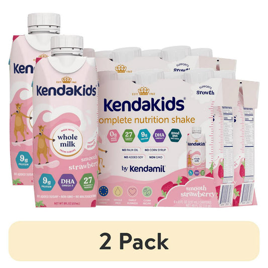 A carton and a multipack of strawberry-flavored nutritional shakes for children, with "2 Pack" Labeled below