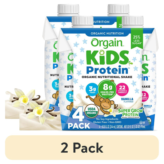 Two packs of Kids Protein Organic Nutritional Shake on a white background with vanilla flowers.