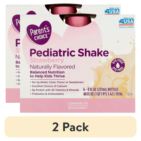 Box of children's strawberry nutrition shakes with pink label and splash design with "2 Pack" Labeled Below