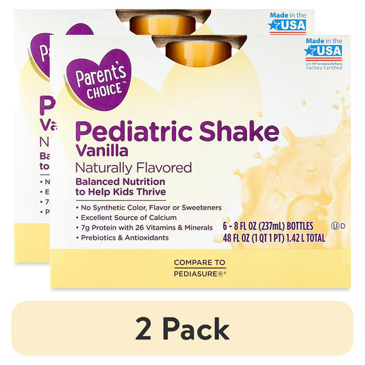Boxes of children's vanilla nutrition shakes with light-colored label and text design with "2 Pack" Labeled below