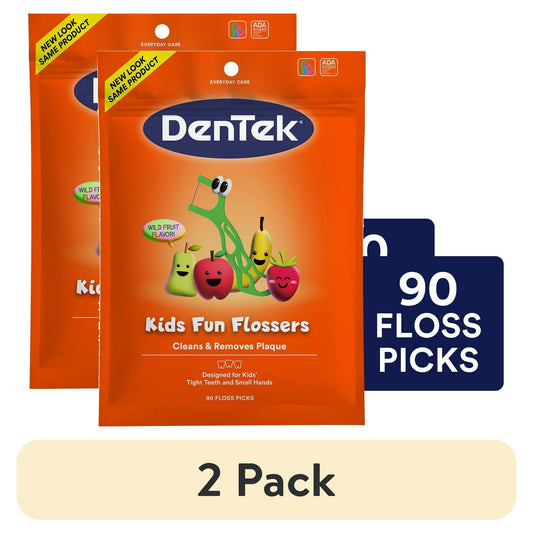 2 pack Kids Fun Flossers packaging with cartoon characters on an orange background