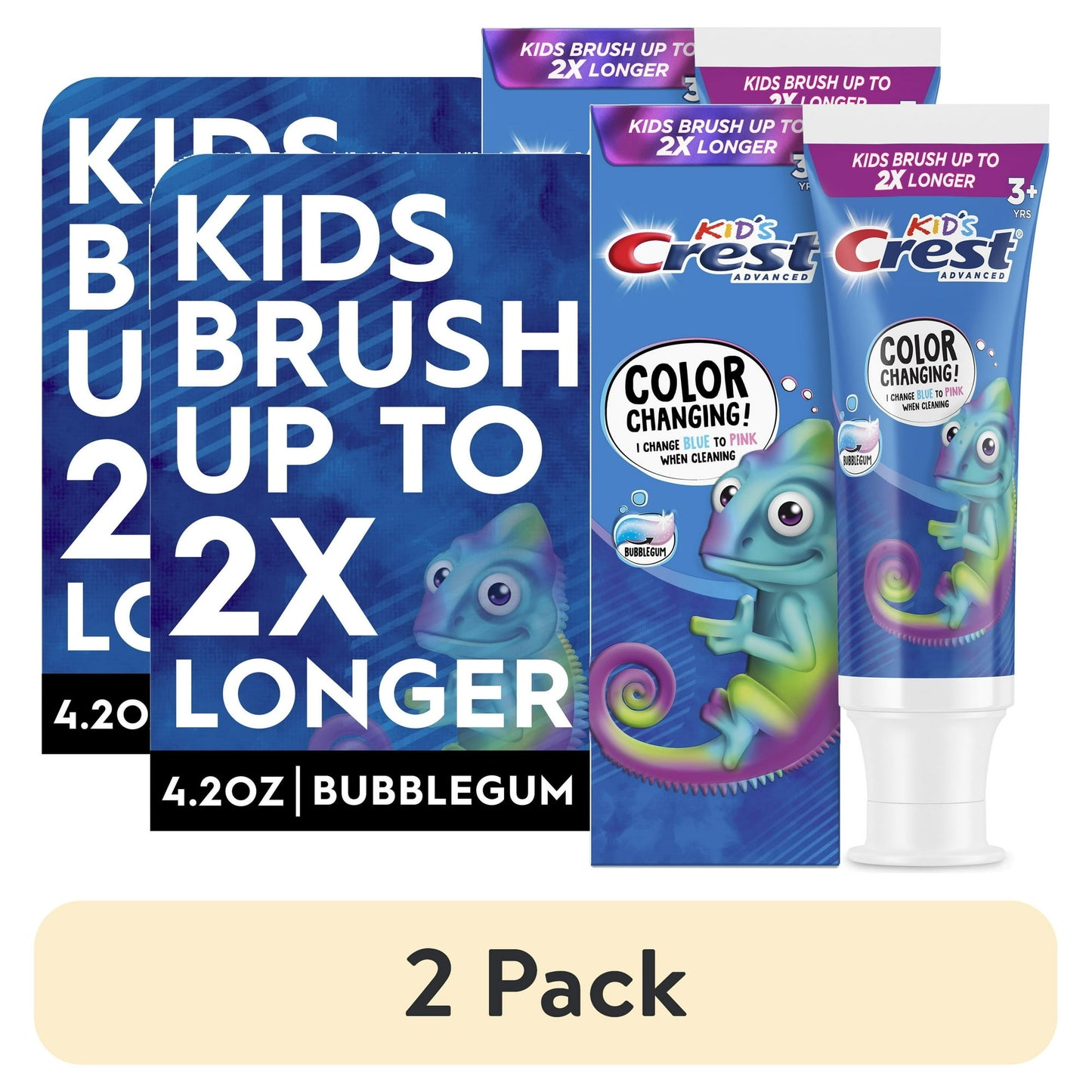 2 pack Kids toothpaste with color-changing design and bubblegum flavor on a white background