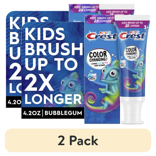 2 pack Kids toothpaste with color-changing design and bubblegum flavor on a white background
