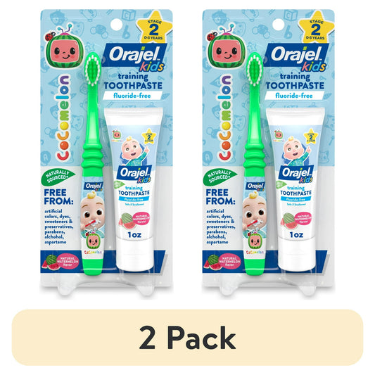 2 pack Kids training toothbrush + fluoride-free toothpaste, watermelon flavor – 1 oz combo set