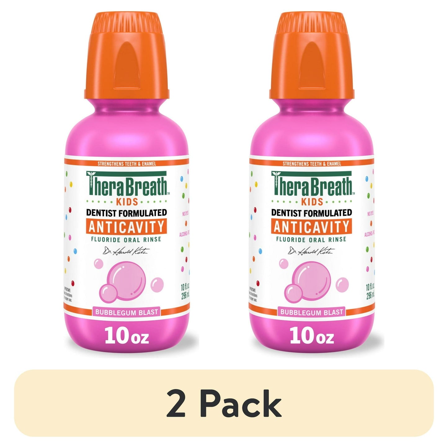 2 pack Pink bottle of Kids Anticavity Fluoride Oral Rinse with orange cap on a white background