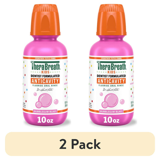 2 pack Pink bottle of Kids Anticavity Fluoride Oral Rinse with orange cap on a white background