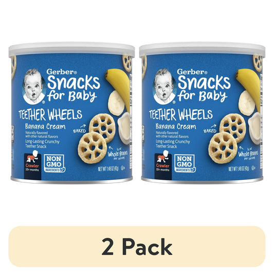 2 pack Snacks for Baby Teether Wheels Banana Cream container with blue label and baby image.