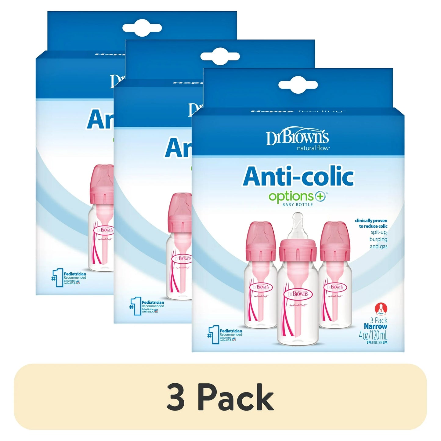 (3 pack) Dr. Brown's Natural Flow Anti-Colic Options+ Narrow Baby Bottle, Pink, 4oz, Slow Flow, 0m+, 3 Pack