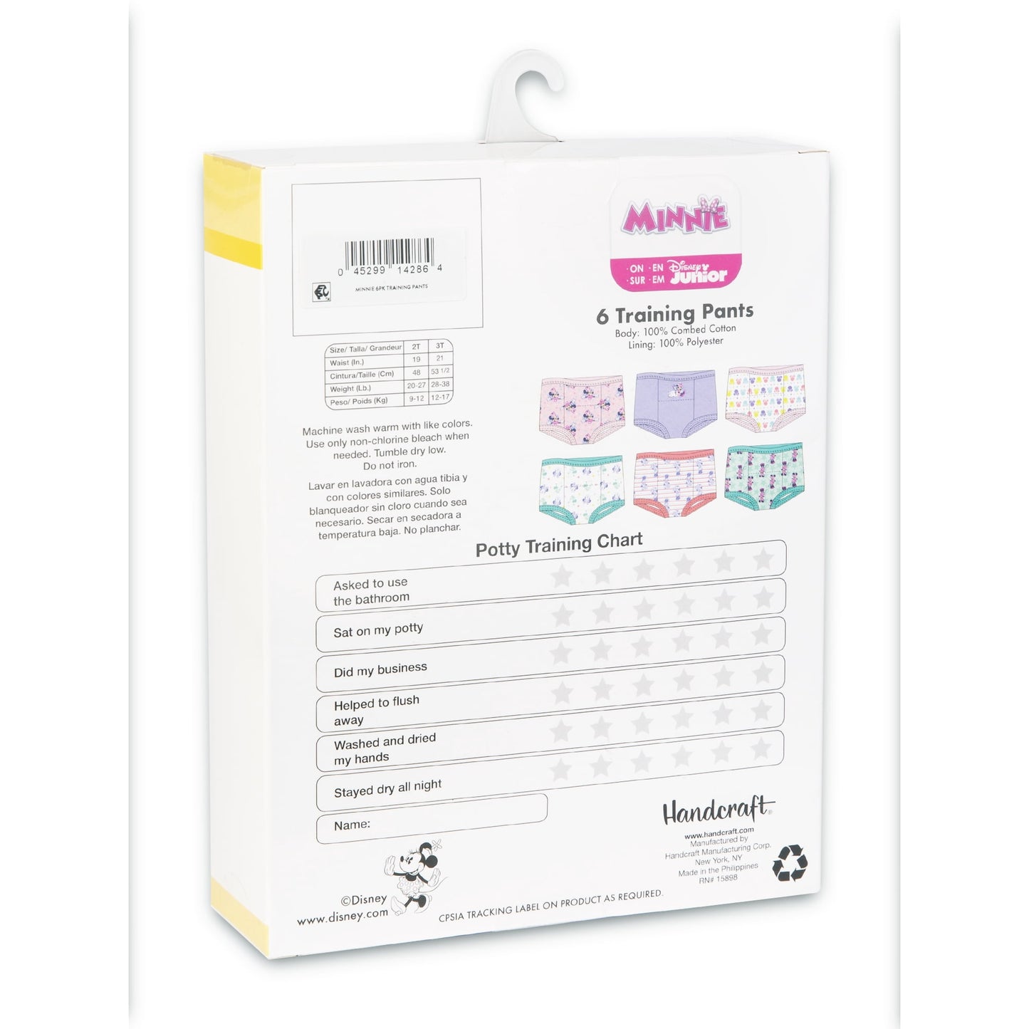 A package of six toddler training pants with a potty training chart on the back