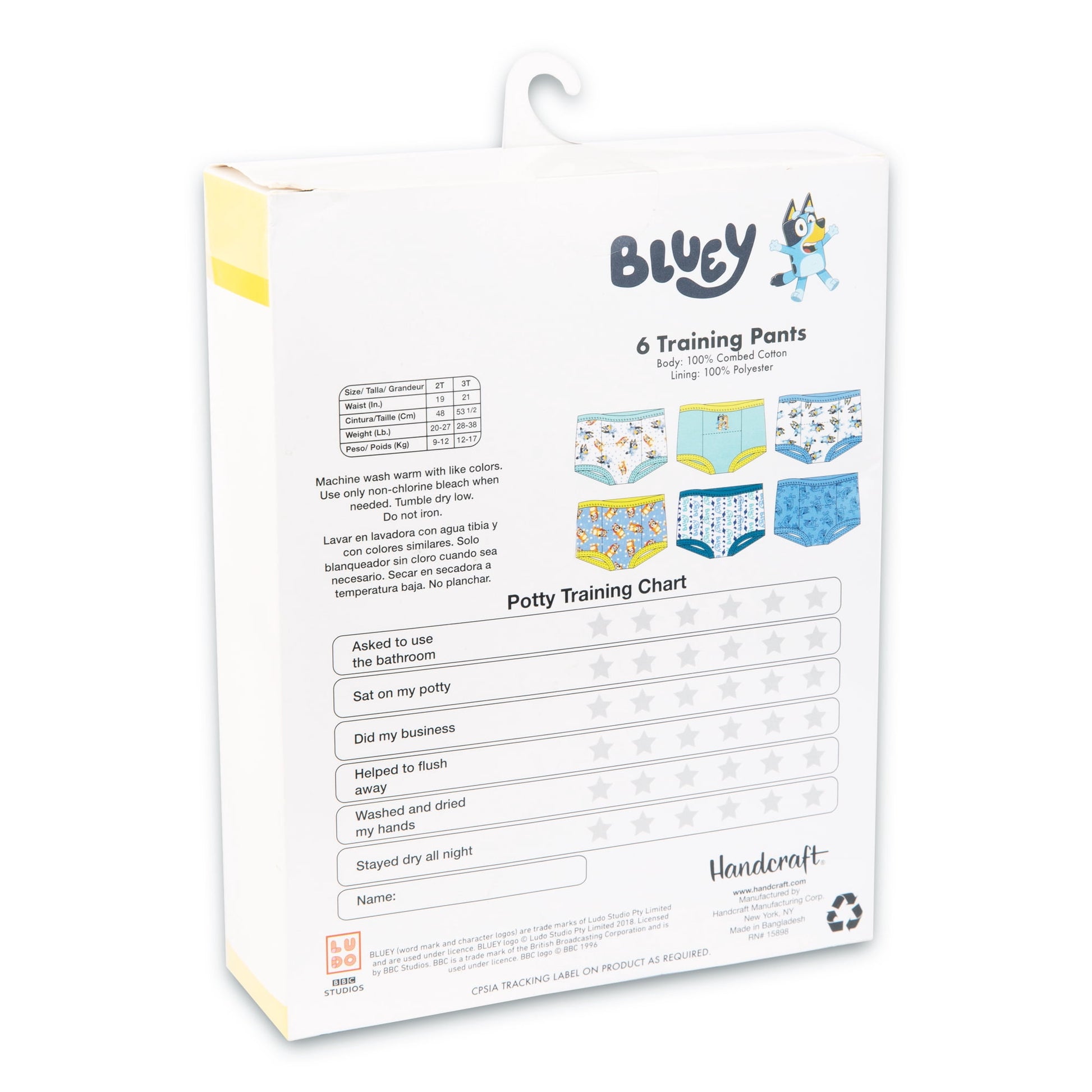 A package containing six training pants, care instructions, and a potty training chart