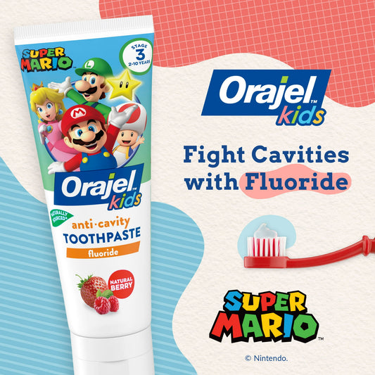 Orajel Kids Super Mario Anti-Cavity Fluoride Toothpaste, Natural Berry Flavor, 4.2oz Tube