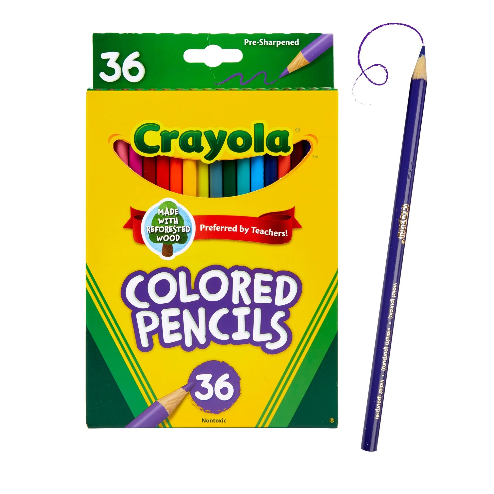 Crayola colored pencils packaging with a single pencil on a white background