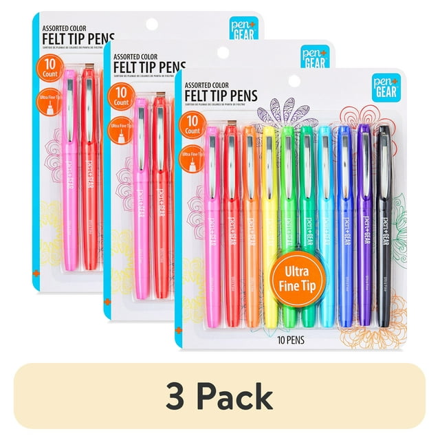 3 Pack of felt tip pens for writing, drawing, and coloring