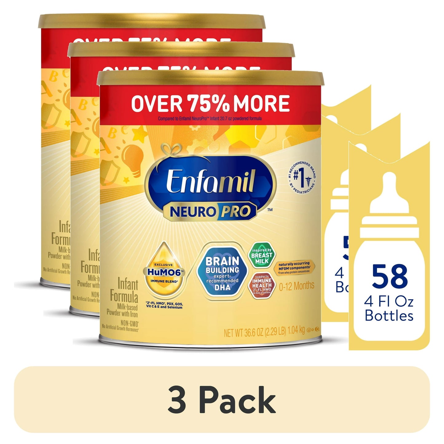 3 baby formula can with packaging details on a white background