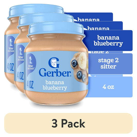 3 pack Jar of Gerber banana blueberry baby food with blue lid and label.