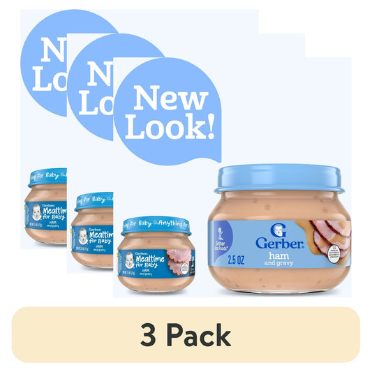 3 pack Jar of ham and gravy baby food with blue lid and label on a white background