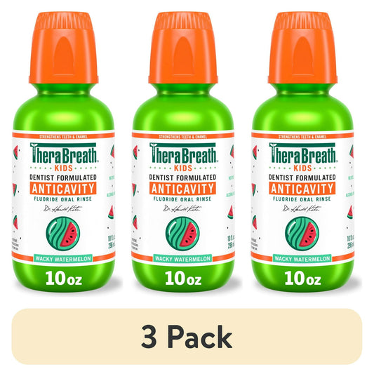 3 pack Kids Anticavity Fluoride Oral Rinse bottles with orange cap and green body on a white background