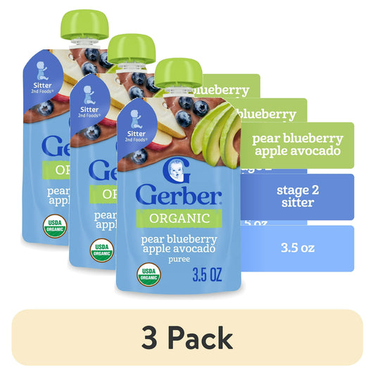 3 pack Organic baby food pouch with pear blueberry apple avocado flavor on a white background