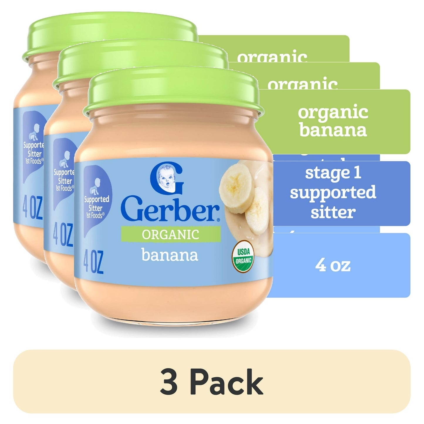 3 pack Organic banana puree baby food, 4 oz jar – smooth stage 1 fruit puree for infants starting solids.