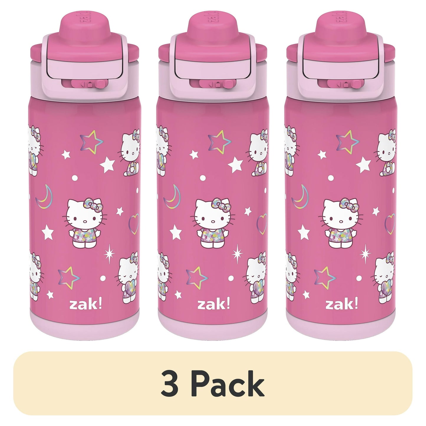 3 pack Pink water bottle with Hello Kitty design and branding on a white background