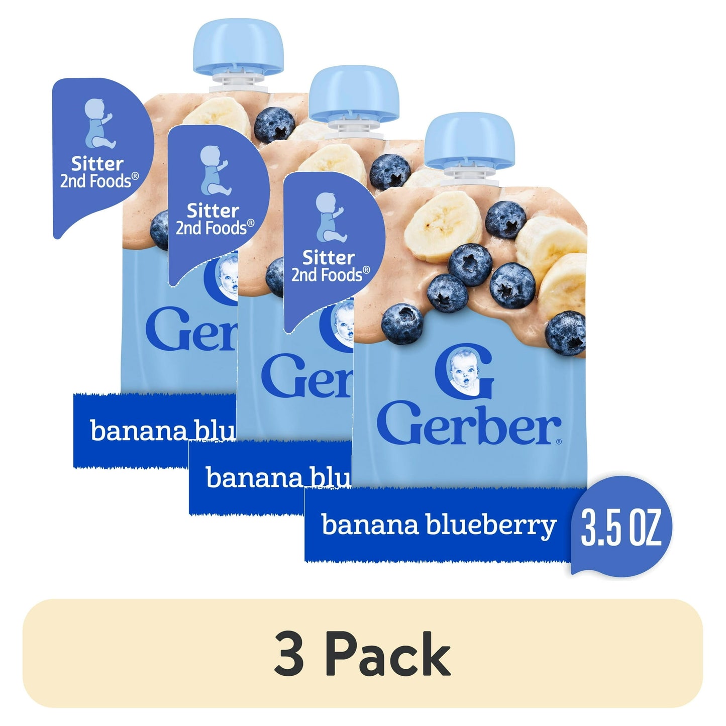 3 pack banana blueberry baby food pouch on a white background