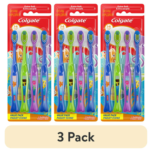3 pack children's toothbrush set in a packaging with colorful design
