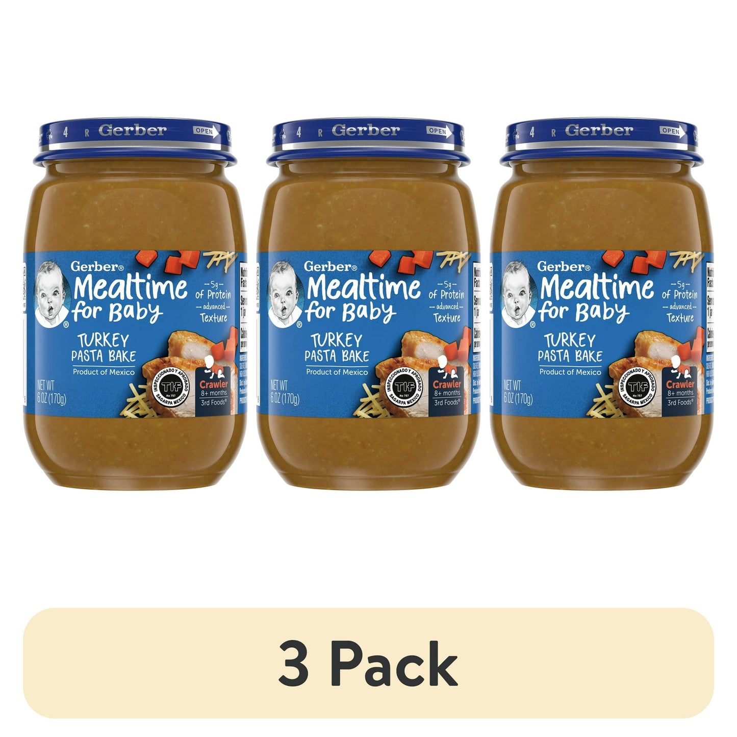3 pack turkey pasta bake baby food jar with label details on a white background